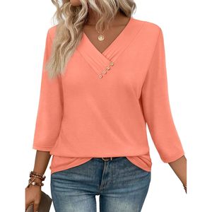 FOXA Women's V Neck 3/4 Sleeve Button <b>Down</b> Shirt Casual Everyday Wear Poplin Fabric Wrap And Tie Design - Product Image 2