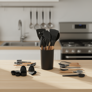 Juego de Utensilios de Cocina de 50 Piezas, Espátulas y Cucharas de Silicona Negra con Mango de Madera Resistentes al Calor - Product Image 2