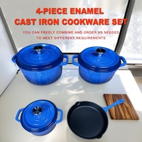 Ensemble de 4 casseroles émaillées modernes à fond plat, comprenant une marmite à fond plat, une marmite à soupe, une marmite à double poignée pour braiser et mijoter, et une poêle ronde
