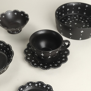 Japanese Style Handmade Black Pottery Dinnerware Set Retro Relief Cross Pattern Cup Bowl Plate Modern <b>Gift</b> Microwave Safe - Product Image 3