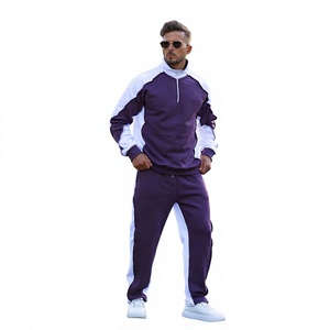Ensemble de survêtement léger pour homme en coton 100% violet et blanc, sweat-shirt à demi-zip et pantalon décontracté à manches longues avec cordon de serrage - Product Image 1