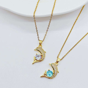 Collier élégant en zircon motif dauphin, chaîne bleue, petit collier mignon, style Ins, collier vintage en acier titane pour femme - Product Image 4