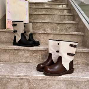 Botas Chelsea a Media Pantorrilla con Punta Redonda, Tacón Plano, Decoración de Hebilla, Parte Superior de Cuero Genuino, Suela de Goma, Zapatos de Mujer - Product Image 1