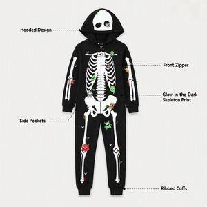 Premium Karanlıkta Parlayan Cadılar Bayramı Eşleşen Pijama Takımı İskelet Baskılı Yüksek Yoğunluklu Örme Tulum AQL 1.0 Kalite Kontrolü OEM - Product Image 2