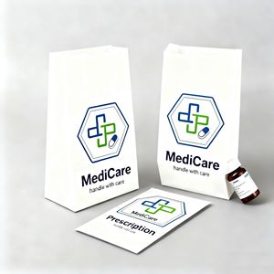 Sacs en papier kraft blanc biodégradables écologiques personnalisés avec logo imprimé en sérigraphie, recyclables, pour la livraison à emporter, pour les pharmacies - Product Image 1