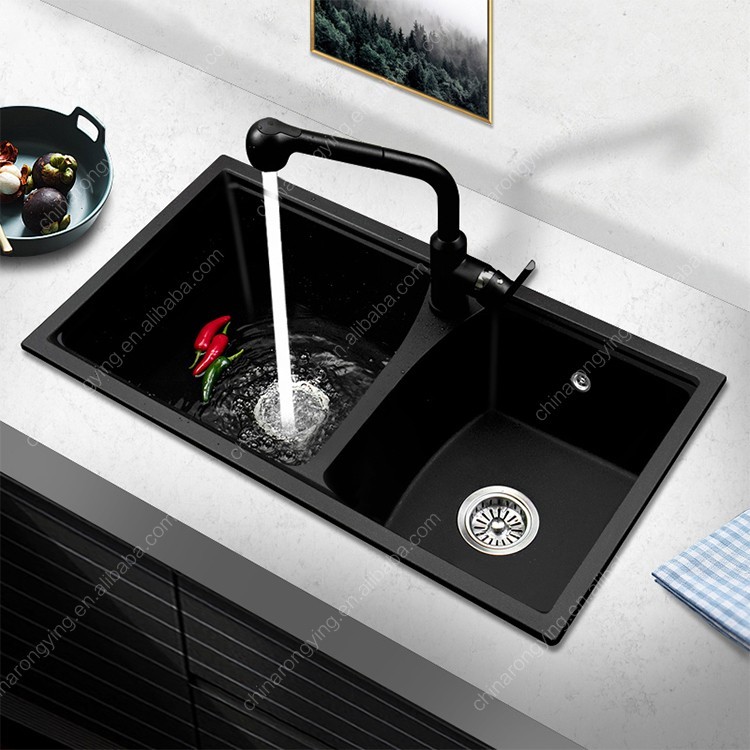 Évier de quartz noir, quartz simple d&amp;amp;amp;#39;évier de cuisine, évier de cuisine en pierre de quartz