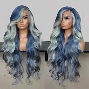 Peruvian Hair Black And Blue Ombre Wigs Body Wave Peacock Ocean Blue Streak Highlight Style Lace Front Wig