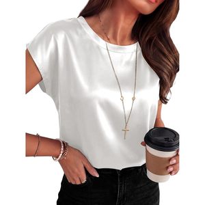 Women Silk Satin Cap Sleeve <b>Blouse</b> Crew Neck Breathable Office Casual Top 2026 Summer Outfit - Product Image 1