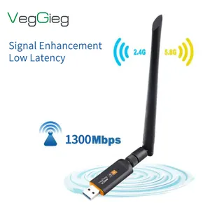 Veggieg USB Adaptador WiFi para PC Desktop AC1300Mbps USB 3.0 WiFi Adaptador de Rede Dual Band com 2.4GHz/5GHz Antena de Alto Ganho