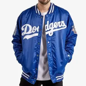 2024 Custom Logo Dodgers Blue Satin Bomber Varsity Jacket Full Snap Letterman Jacket
