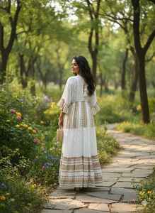 Vestido Maxi Boho de Algodón 100% para Mujer, Blanco, con Estampado Geométrico, Bordado, Veraniego, Casual, Étnico, Transpirable, Holgado, Moderno - Product Image 4