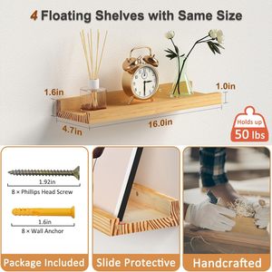 Solid Wood Wall <b>Shelf</b> Natural Brown Rectangle Multi-functional Single Layer Wall Mounted Durable Decorative <b>Rack</b> - Product Image 3