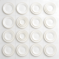 Ensemble d'assiettes élégantes en porcelaine blanche avec bord doré, plusieurs tailles, pour dîner, salade, dessert, écologiques, empilables, pour restaurants, hôtels, vente en gros