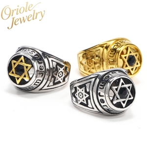 빈티지 스테인레스 스틸 골드 도금 클래식 ZIRCON 약혼 결혼 선물 남성용 육각형 편지 반지 - Product Image 1