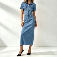 Robe en jean mi-longue personnalisée pour femme, à manches courtes, col rabattu, boutonnée, avec poches poitrine, style classique décontracté, tenue de travail