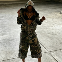 Sweat à capuche zippé slim fit en coton 100% 320 g/m² pour homme, coupe courte avec poches, imprimé camouflage à pois et strass, style streetwear