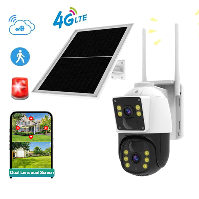 TOP Selling 4G Solar Camera Dual Lens 6MP CMOS Large Battery PTZ Security Outdoor Color Night Vision AI Two-Way Audio