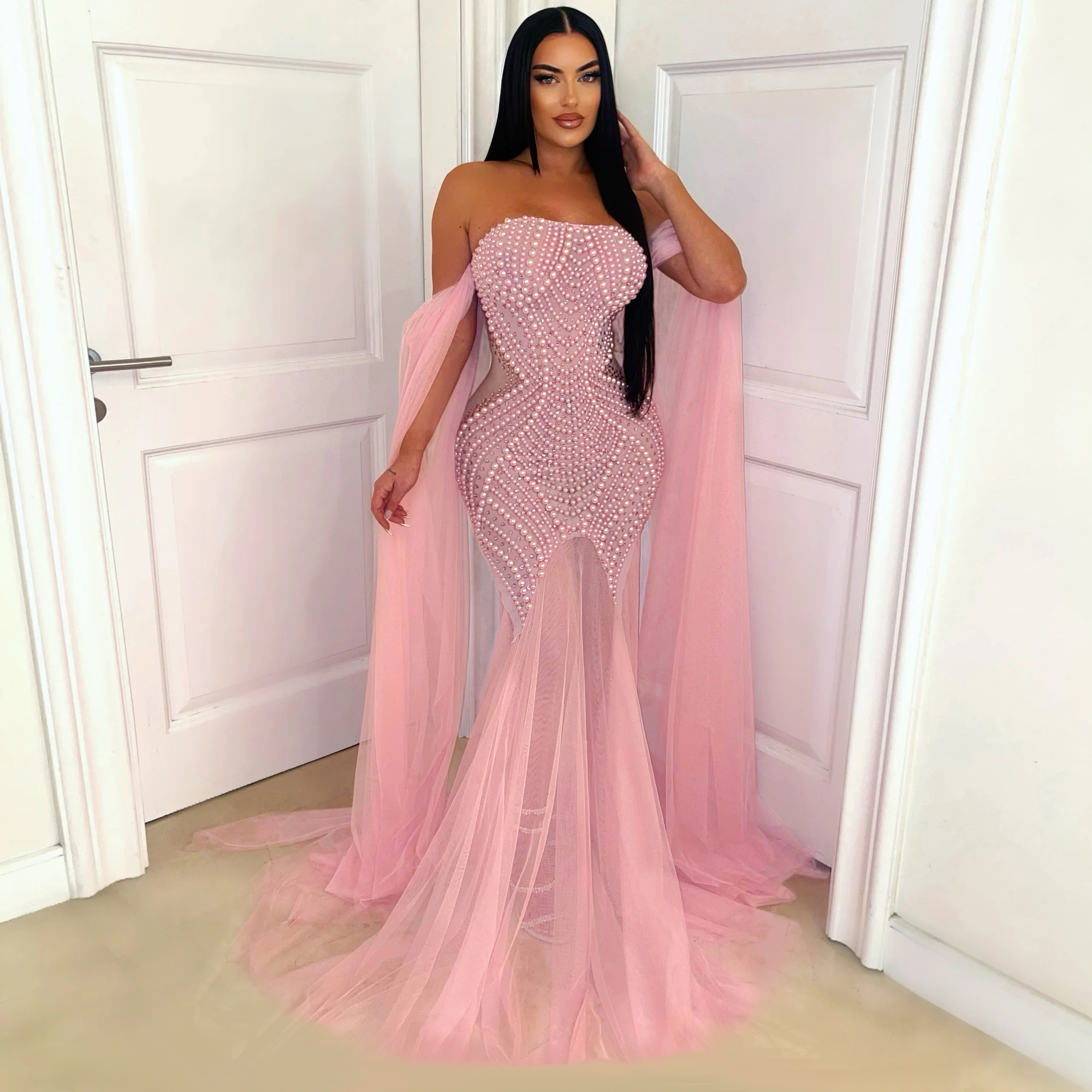 Mesh Evening Dresses Rhinestone Prom Dresses Pearl Floor Length Strapless  Dress for Ladies| Alibaba.com