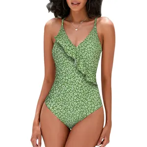 Women Bathing Suit Irregular Dot Bikini Green Swimwear Beachwear One Piece Swimsuit