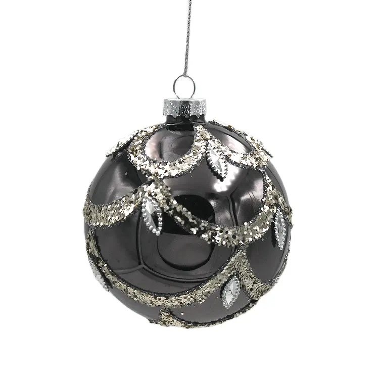 Factory Wholesale Blown Hand Painted Glossy Shiny Black Hanging Christmas Bauble Glass Ball Ornaments For Xmas Tree Decoration