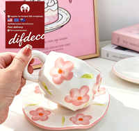 Ensemble tasse à café et soucoupe en céramique peintes à la main, style minimaliste, motif floral, emballage en boîte colorée, cadeau pour la maison