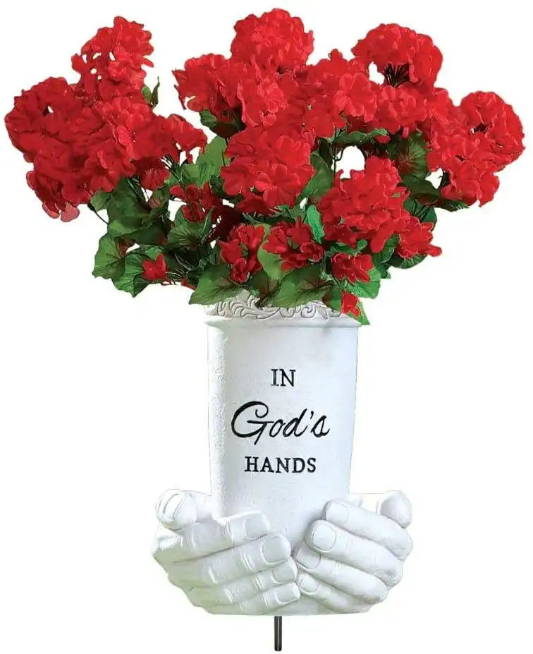 God's Hands Memorial Flower Vase Resin Sculpture with Metal Stake for Graves