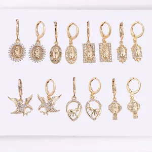 Pendientes de gota chapados en oro de 18K para mujer, joyería religiosa de Jesús, virgen, guadalupe, san judas, aretes de circón, aretes de moda de oro