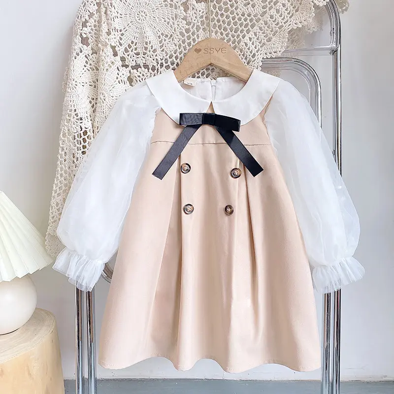 Fabriek Groothandel Hoge Kwaliteit Mesh Stiksels Prinses Khaki Double-Breasted Jurk Baby Girl Trenchcoat Stof Rok