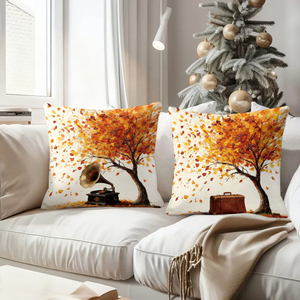 Autumnal throw pillows with vintage scenes of chairs mailboxes gramophones and suitcases under falling leaves - Product Image 4