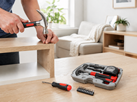Kit d'outils de réparation portable pour la maison avec marteau, ruban à mesurer, tournevis, rallonge de poignée et embouts pour l'assemblage de meubles