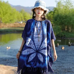 Fashion Navy Tie Dye Print Loose Women's Ethnic Shawls Blue White Chinese Porcelain Series Beach Cover up Outer Pullover Dress