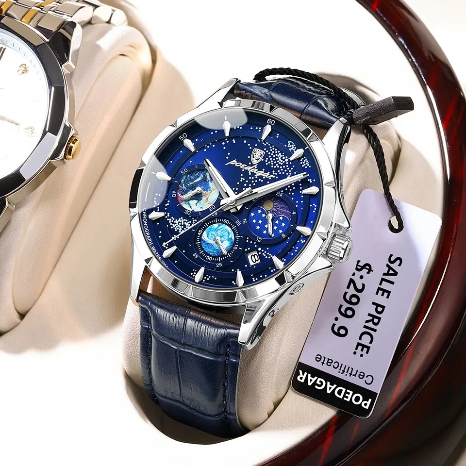 POEDAGAR 916 Montre pour homme Nouveau design Ciel étoilé Cadran bleu Montres à quartz de luxe Montre-bracelet lumineuse cool en cuir véritable à la mode
