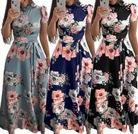 Vestidos Maxi de Verano de Gasa con Estampado Floral, Impresión Digital, Manga Larga, Cuello Redondo, Cintura Alta, Corte Holgado, Lavables para Mujer