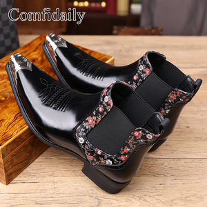 Comfdaily Men Chelsea <b>Boots</b> Ankle Pointed Toe <b>Floral</b> Pattern Genuine Leather Rubber Outsole Fashion Trend - Product Image 3