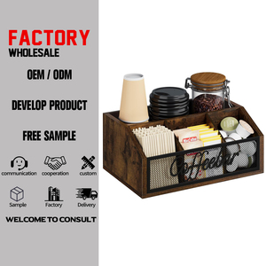 Organizador de Estación de Café Retro Personalizado, Mueble de Madera para Encimera con Divisores Extraíbles, Fácil de Limpiar, para Cápsulas, Jarabes, Tazas, Agitadores, Té, Oficina - Product Image 1