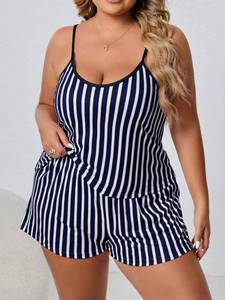 C332 Pigiama a Righe per Donne Formose, <span class=keywords><strong>Abbigliamento</strong></span> Casual da Casa, Set 2 Pezzi con Canotta e Pantaloncini - Product Image 1