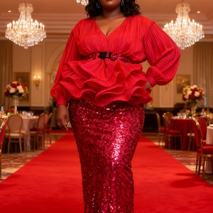 ชุดเซ็ตแฟชั่น 2 ชิ้น สไตล์แอฟริกัน เสื้อแขนกระดิ่ง คอวี แต่งระบายชายเสื้อ ผ้ามันวาว พร้อมกระโปรงปักเลื่อมเอวสูงสำหรับผู้หญิง - Product Image 1