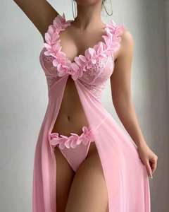 Heißes Angebot <span class=keywords><strong>2025</strong></span>: <span class=keywords><strong>Sexy</strong></span> Damen Body aus Spitze in Rosa, transparentes Pyjama-Set für die Flitterwochen, leichtes Nachtwäsche-Set mit langem Kleid, Dessous-Set - Product Image 2