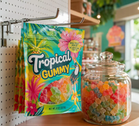 Groothandel op maat bedrukte 3-zijdig gesealde snoepzak met ritssluiting en ophanggat, verpakking voor tropische fruitgummy's, 50g 100g