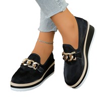 Nouvelles Chaussures à Talons Compensés pour Femmes, Décor Chaîne, Confortables et Durables, Mocassins Noirs à Enfiler pour le Travail, Semelle Intermédiaire en Paille, Caoutchouc