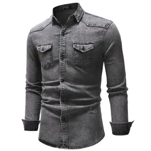 High Quality Mens Denim Shirts Retro Autumn Winter Top Blouse New Style Solid Long Sleeve Shirt Male Pocket Denim Tops