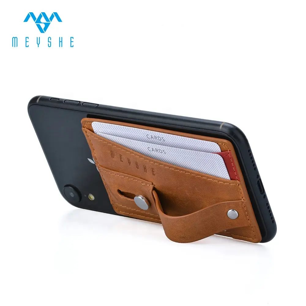 Kahverengi çılgın at deri 3M sticker cep telefon standı kart tutucu