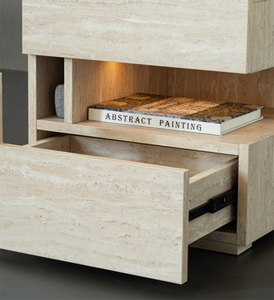Contemporary Travertine Stone Texture Feel Wood Board Nightstand, Intelligent LED Lighting <b>Bedside</b> Cabinet with Drawer <b>Storage</b> - Product Image 4