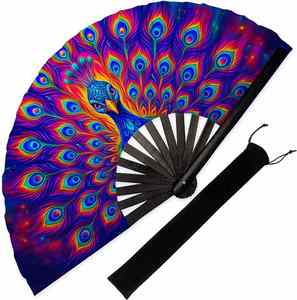 Abanico Plegable con Estampado de Pavo Real Reactivo a los Rayos UV, Varillas de Bambú, Abanico Grande para Festivales de Música, Fiestas Rave y Eventos - Product Image 1