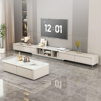 Meuble TV moderne rétractable, meuble TV extensible avec plateau en pierre frittée et tiroirs multiples, longueur réglable, basse hauteur