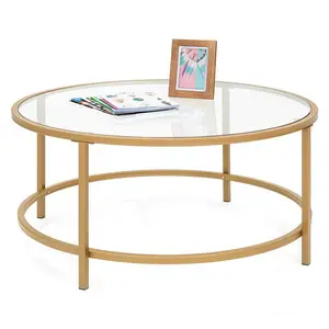 Metal Glass Top Round End Table Glass Brass Gold Living Room Office Coffee Table