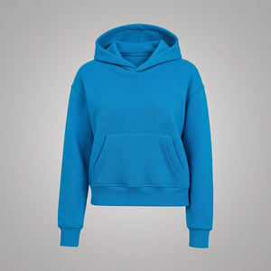Sweat-shirt unisexe bleu à capuche, coupe droite, longueur courte, poche kangourou, capuche sans cordon, décontracté, couleur unie, en molleton tricoté - Product Image 1