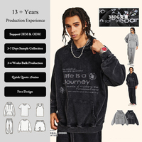 Sudadera con Capucha para Hombre, Estilo Vintage, Lavado Desgastado, Impresión Digital, Algodón Puro, Corte Holgado, Informal