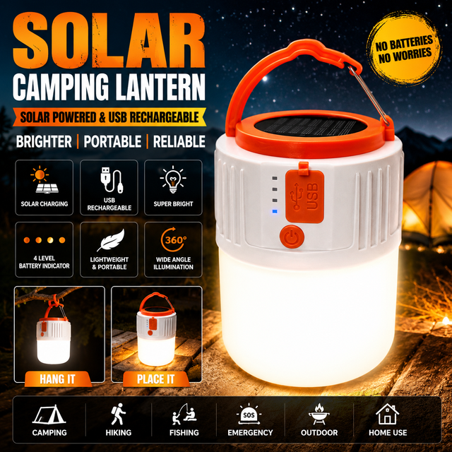 Solar USB Rechargeable LED Camping Lantern Portable Hanging Tent Light Waterproof for Outdoor Hiking Emergency