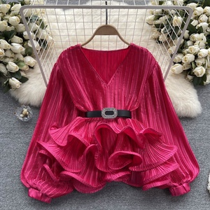 Chemisier plissé en satin à manches longues pour <span class=keywords><strong>femme</strong></span>, coupe ample, col en V, avec volants et manches lanternes - Product Image 3